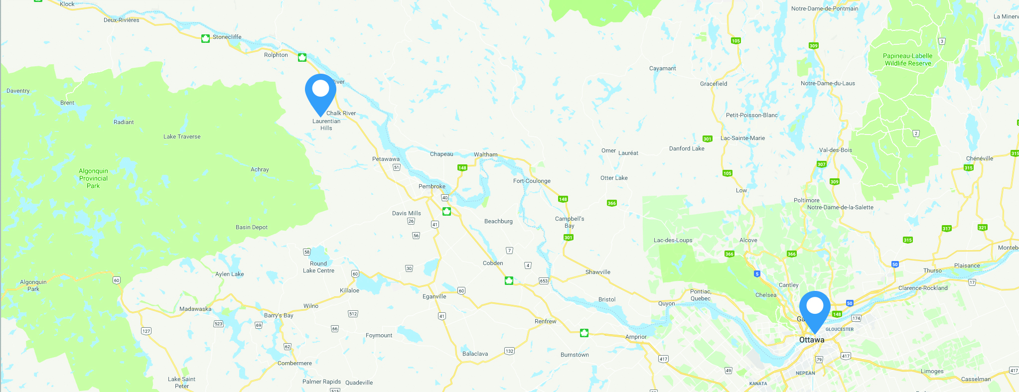 A map of Ottawa showing the locations of the scientific tours