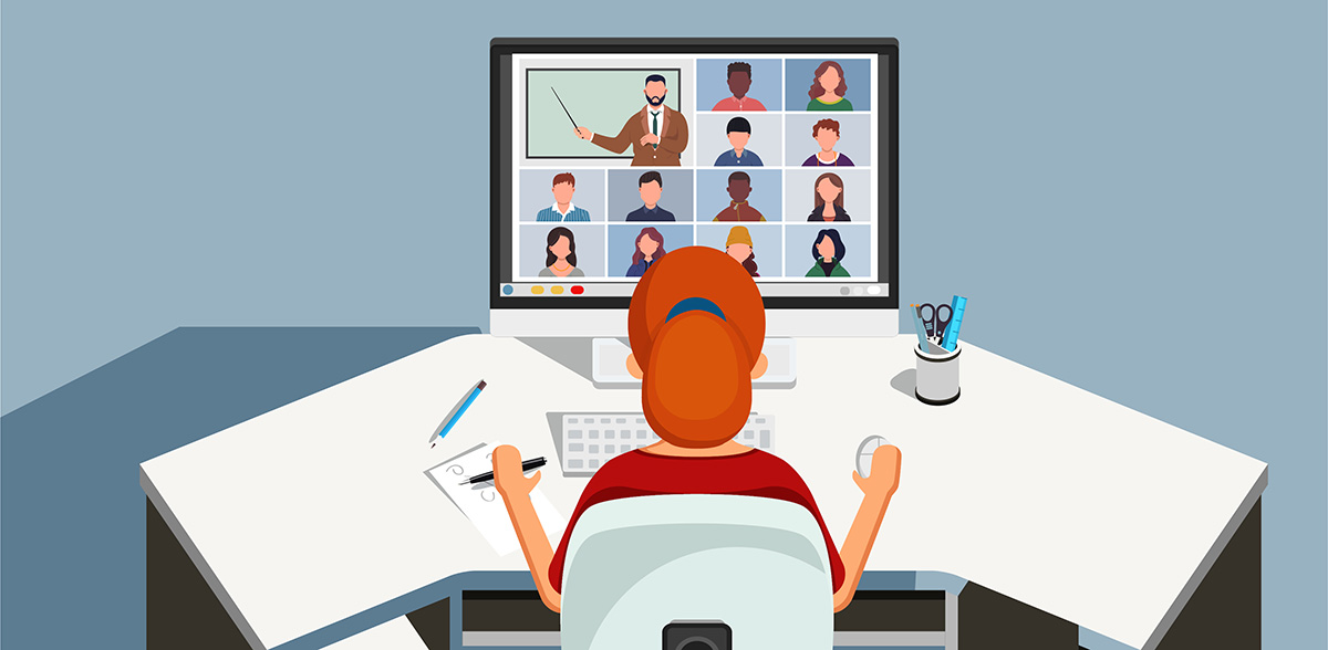 A student sits at a desk, watching a webinar