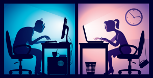A split screen showing two people sitting at desks, working on computers