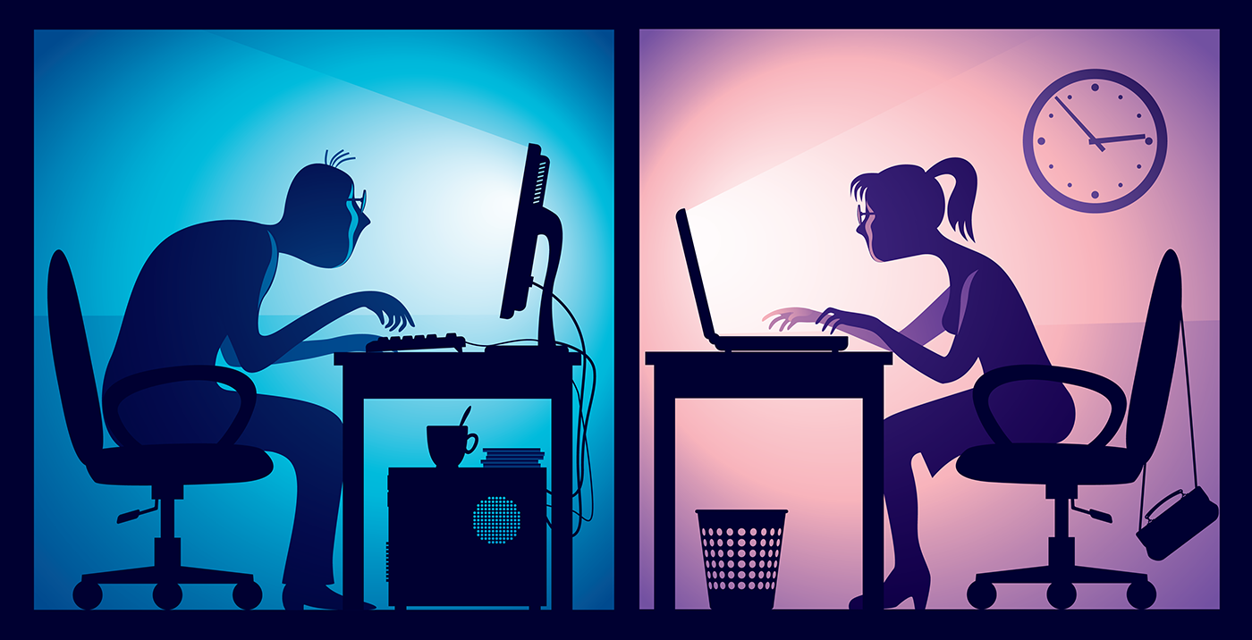 A split screen showing two people sitting at desks, working on computers