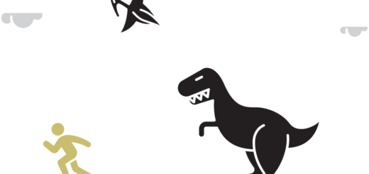 A dinosaur cartoon figure chases a human stick figure