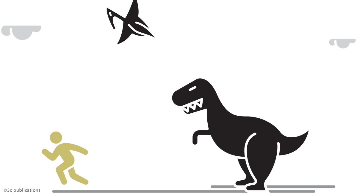 A dinosaur cartoon figure chases a human stick figure