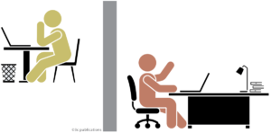 Two stick figures are shown using computers in separate rooms