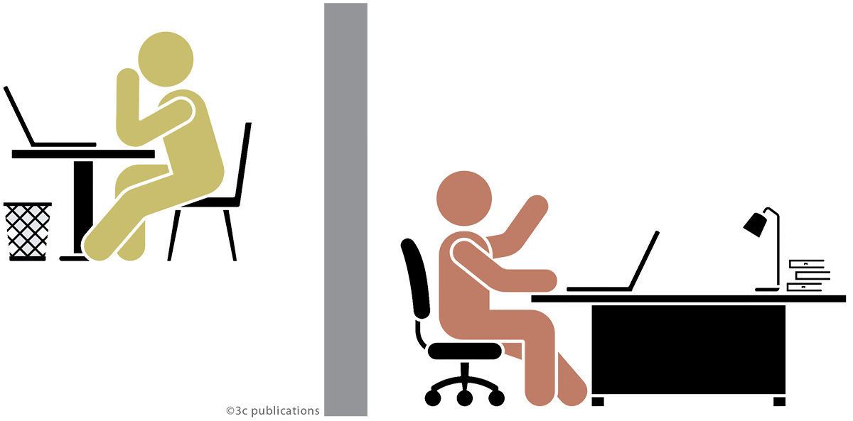 Two stick figures are shown using computers in separate rooms
