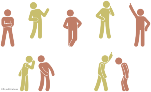 A group of stick figures make gestures with their arms and legs