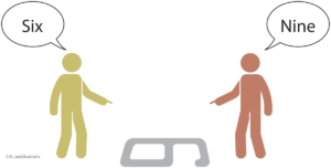 Two stick figures look at a number on the ground—one way it looks like 6; the other it looks like 9