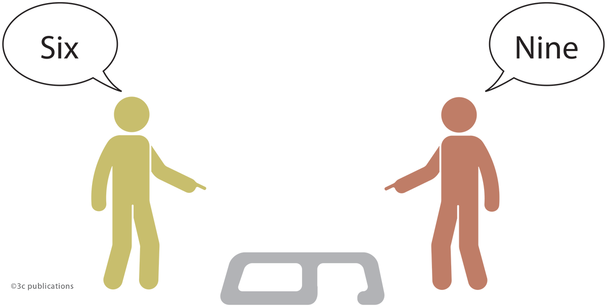Two stick figures look at a number on the ground—one way it looks like 6; the other it looks like 9