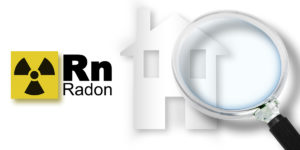 A magnifying glass overlaying a house icon, with the radon symbol beside