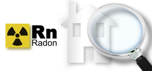 A magnifying glass overlaying a house icon, with the radon symbol beside