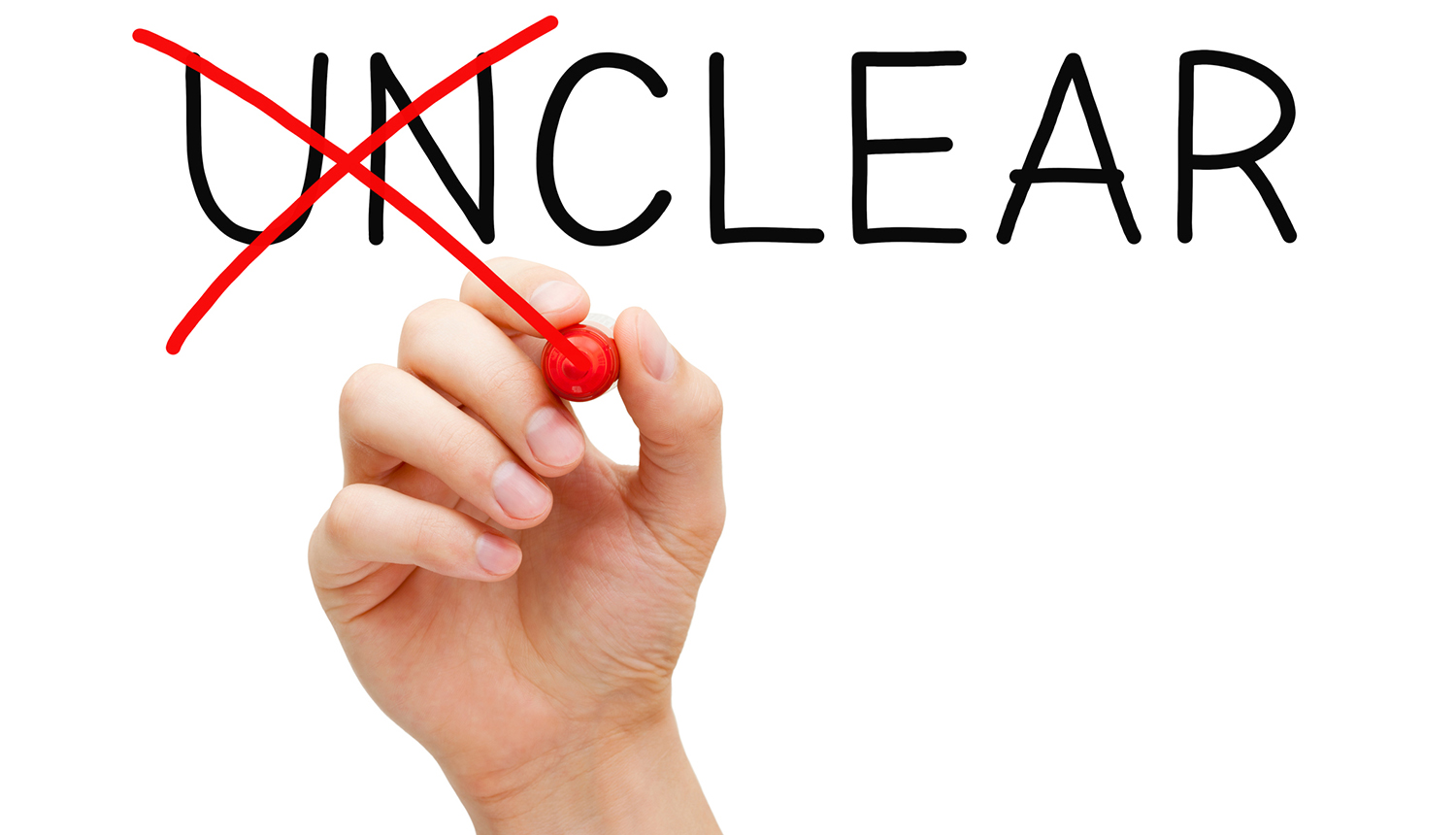 The word "unclear" with "un" crossed out