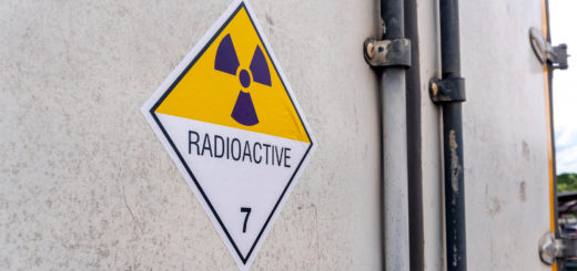 radiation warning sign on transport label Class-7 on the door of the transport truck container
