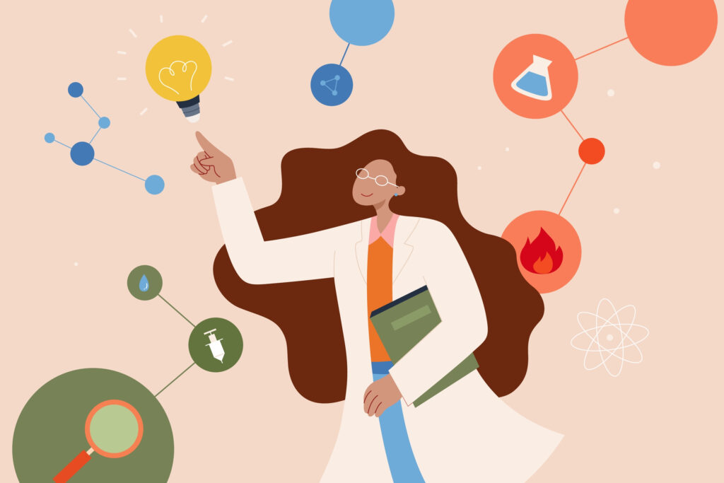 woman scientist pointing at a light bulb, indicating a bright idea
