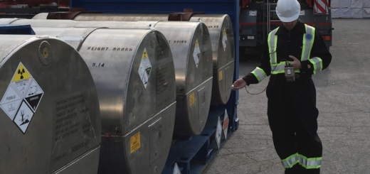 health physicist surveying a UN2977 package at a port