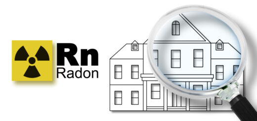 The danger of radon gas in our homes - concept with periodic table of the elements, radioactive warning symbol and American home silhouette seen through a magnifying glass