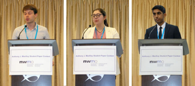 2023 Anthony J. MacKay Student Paper Contest finalists presenting their papers at the conference. From left to right: Bryce Nelson, Mackenzie Tigwell, and Nikhil S. Patil. Three photos, each of a student behind a podium. The sign on the podium says Anthony J. MacKay Student Paper Contest.