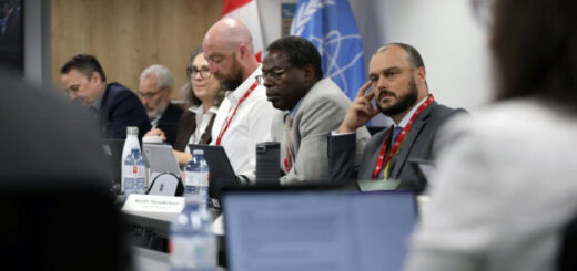 A group of people sitting at a table in front of a Canadian flag and an International Atomic Energy Agency flag. The is one woman and four men in the picture.