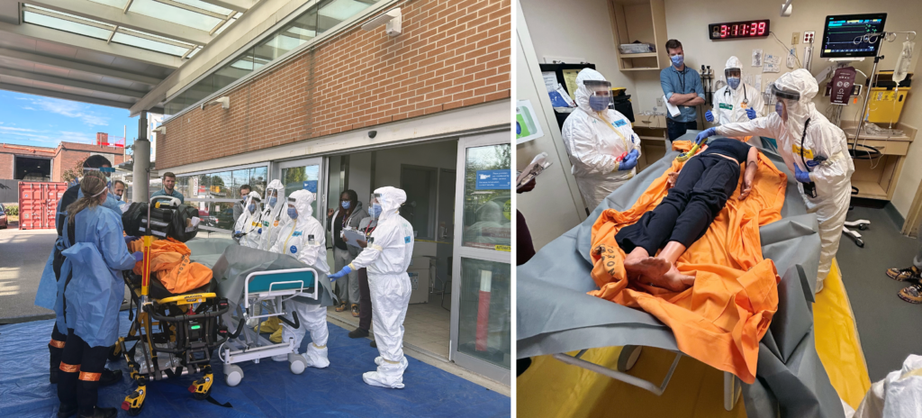 Two photographs side by side. In the first photo, a team of medical professionals in hazmat gear is surrounding a gurney in an ambulance bay outside a hospital. In the second photo, the team of medical professionals in hazmat gear is surrounding a mannequin on a gurney in an exam room.