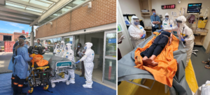 Two photographs side by side. In the first photo, a team of medical professionals in hazmat gear is surrounding a gurney in an ambulance bay outside a hospital. In the second photo, the team of medical professionals in hazmat gear is surrounding a mannequin on a gurney in an exam room.