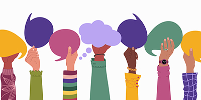 Multiracial hands holding speech bubbles. Hand drawn vector vector illustration isolated on white background, flat cartoon style.