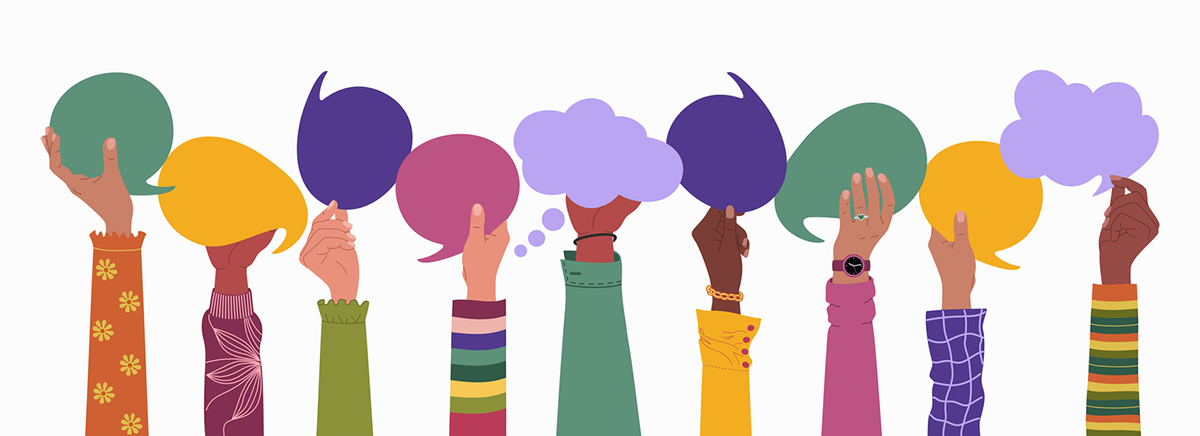 Multiracial hands holding speech bubbles. Concept of teamwork, cooperation and communication. Hand drawn vector vector illustration isolated on white background, flat cartoon style.